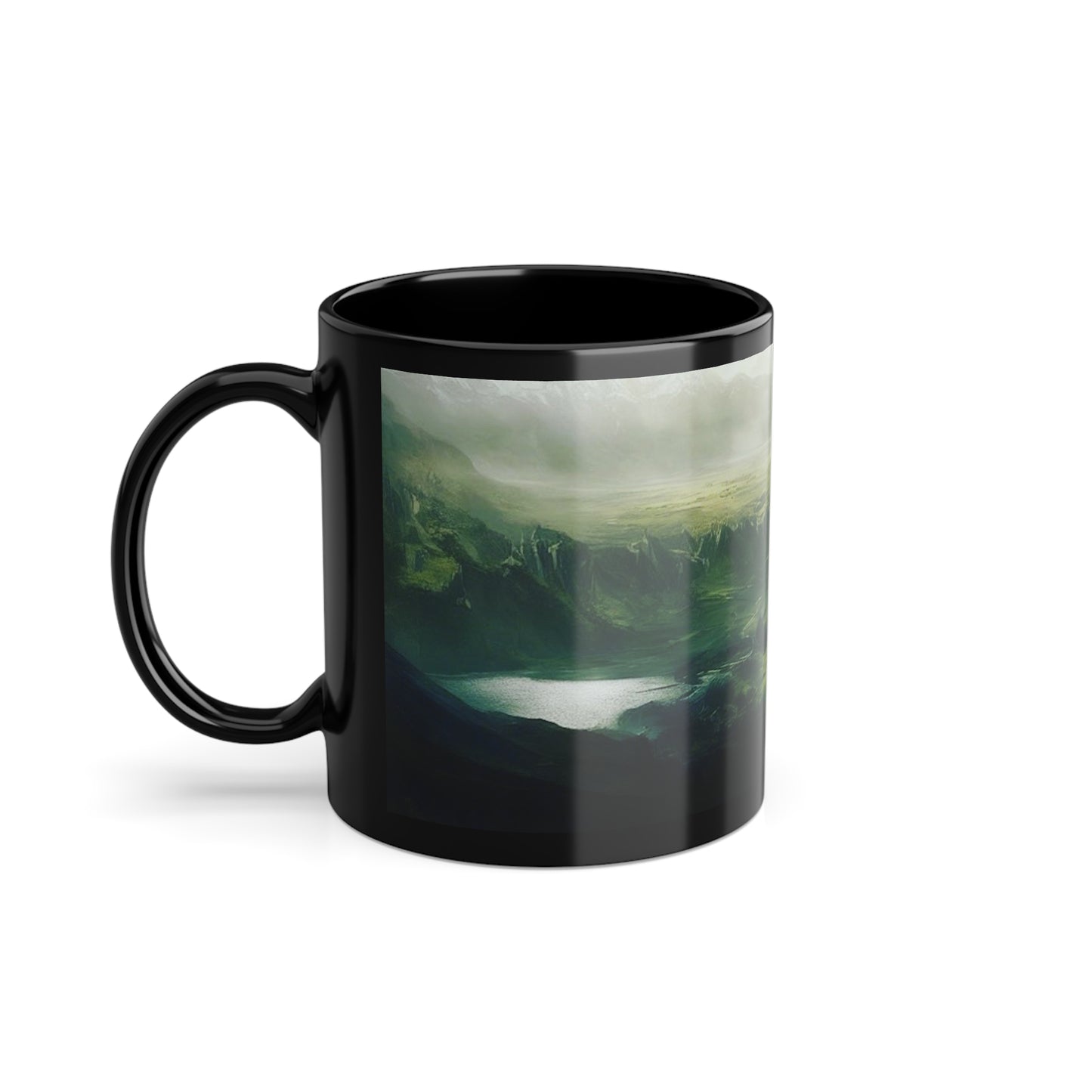 Black Coffee Cup, 11oz, pictured is The Fallen City of Odia limited edition