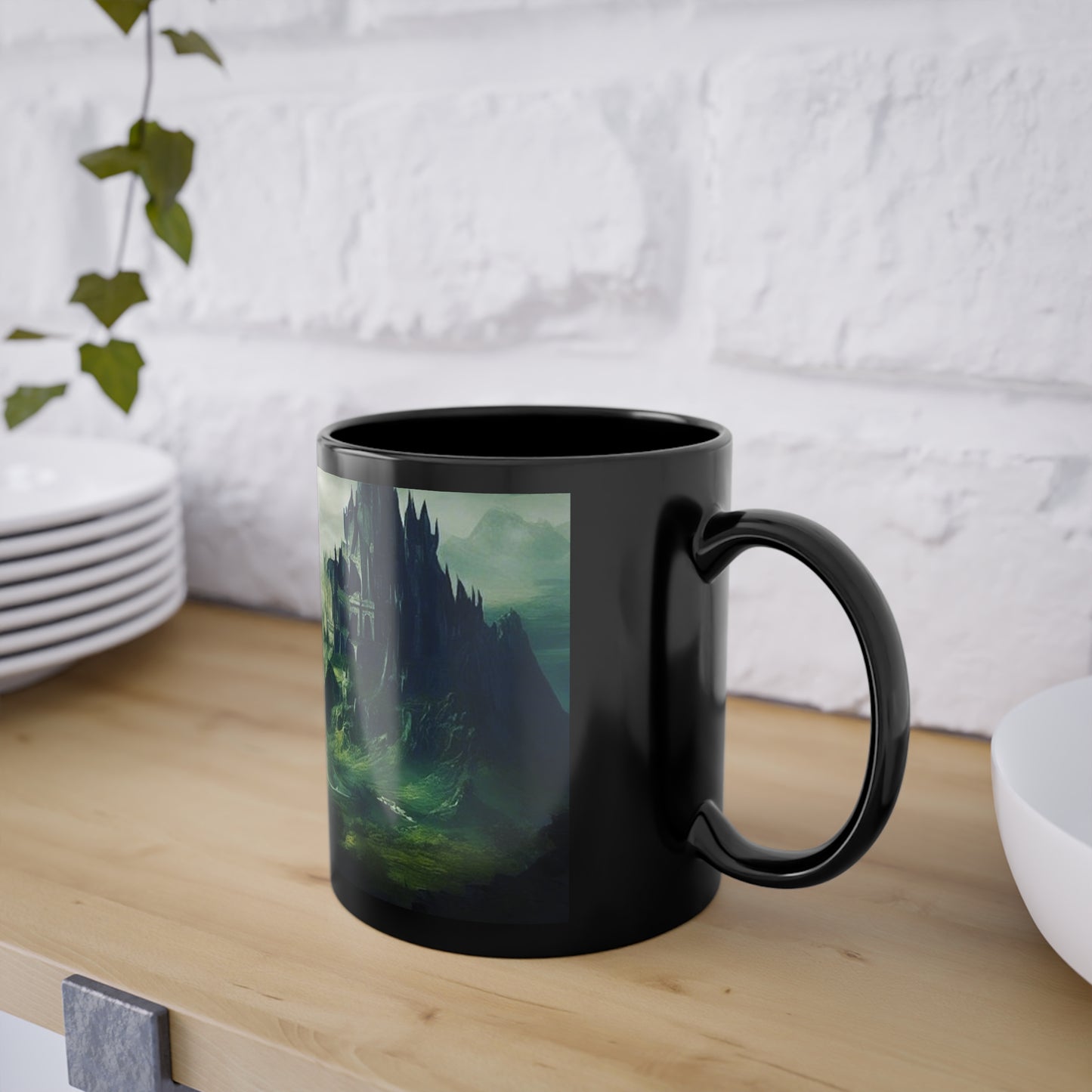 Black Coffee Cup, 11oz, pictured is The Fallen City of Odia limited edition