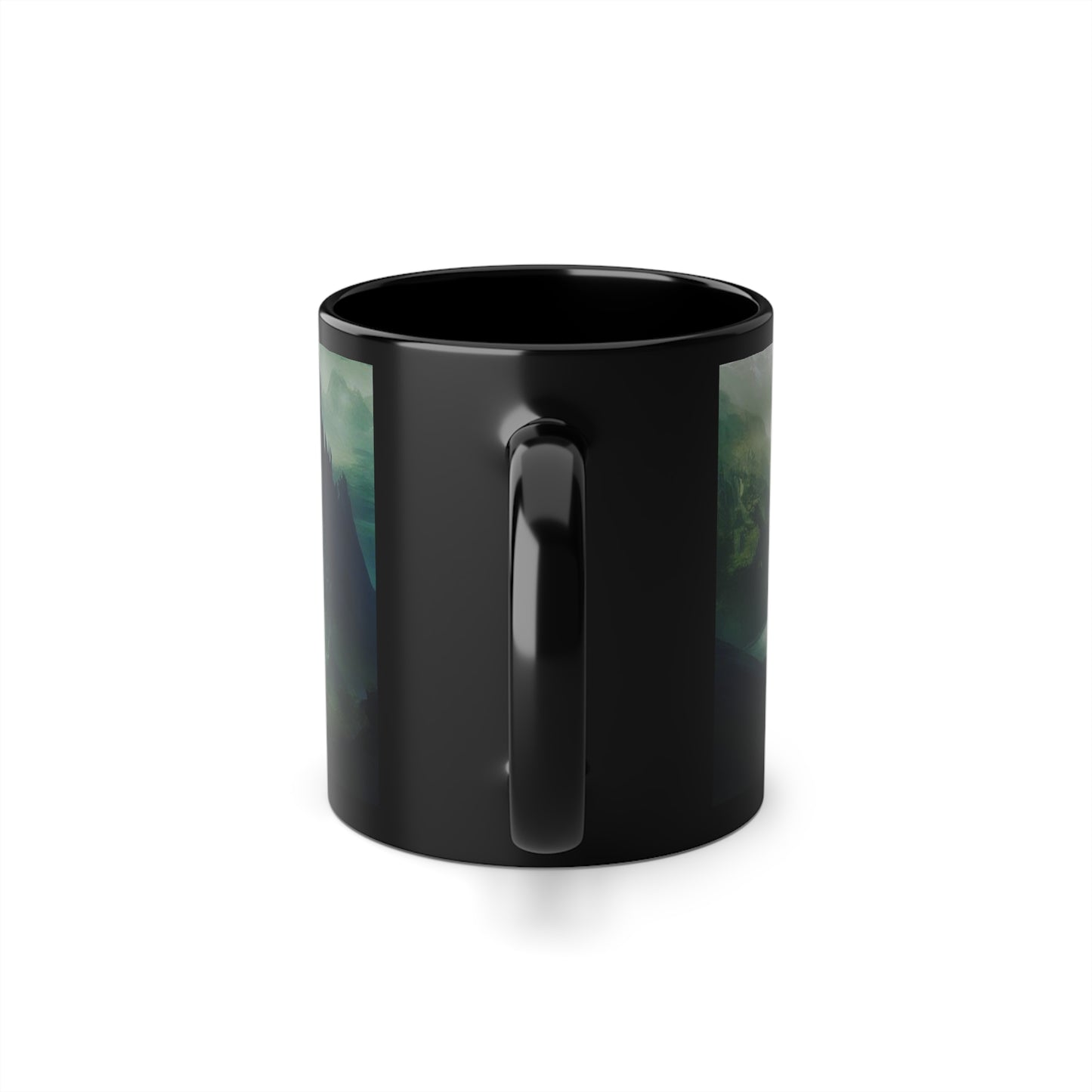 Black Coffee Cup, 11oz, pictured is The Fallen City of Odia limited edition