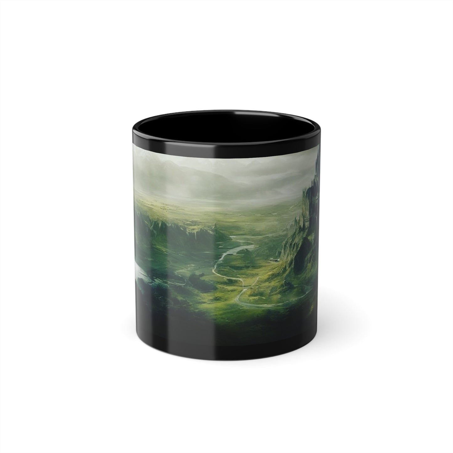 Black Coffee Cup, 11oz, pictured is The Fallen City of Odia limited edition