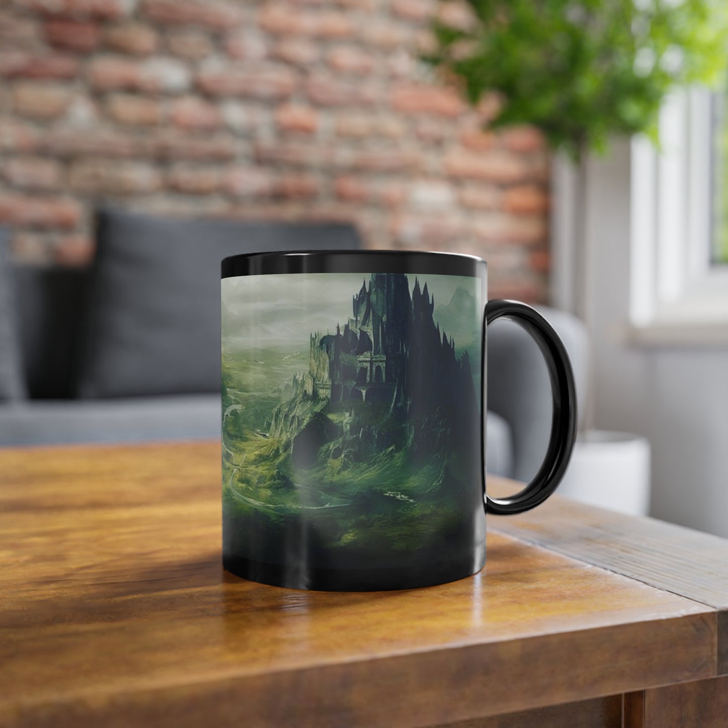 Black Coffee Cup, 11oz, pictured is The Fallen City of Odia limited edition
