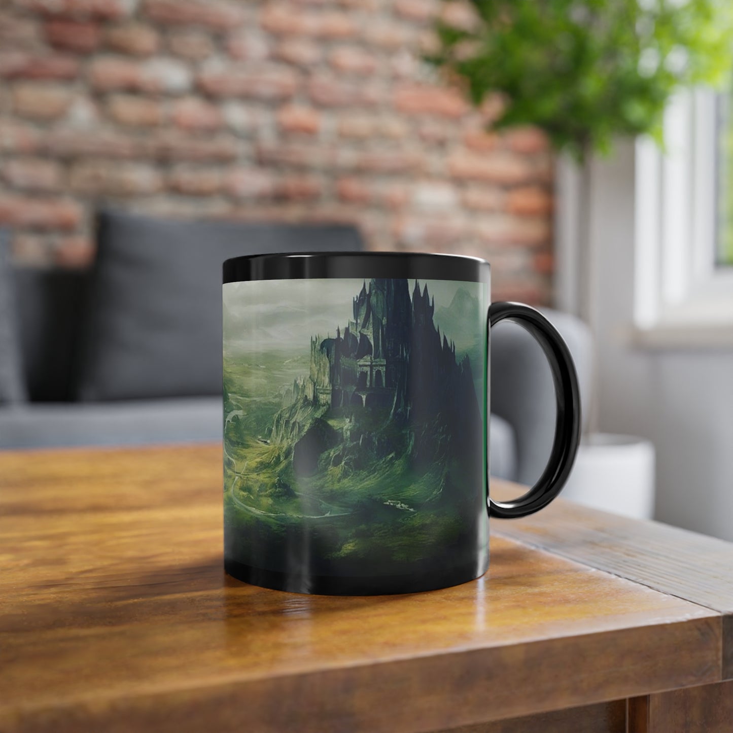 Black Coffee Cup, 11oz, pictured is The Fallen City of Odia limited edition