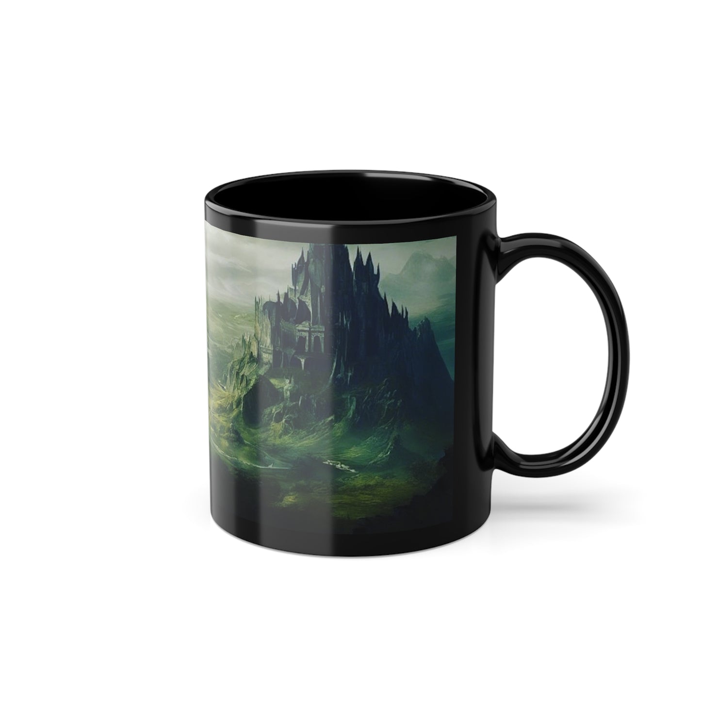 Black Coffee Cup, 11oz, pictured is The Fallen City of Odia limited edition