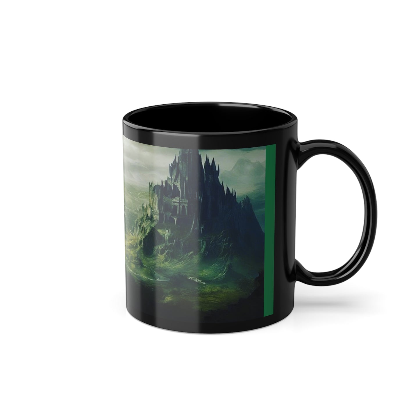 Black Coffee Cup, 11oz, pictured is The Fallen City of Odia limited edition