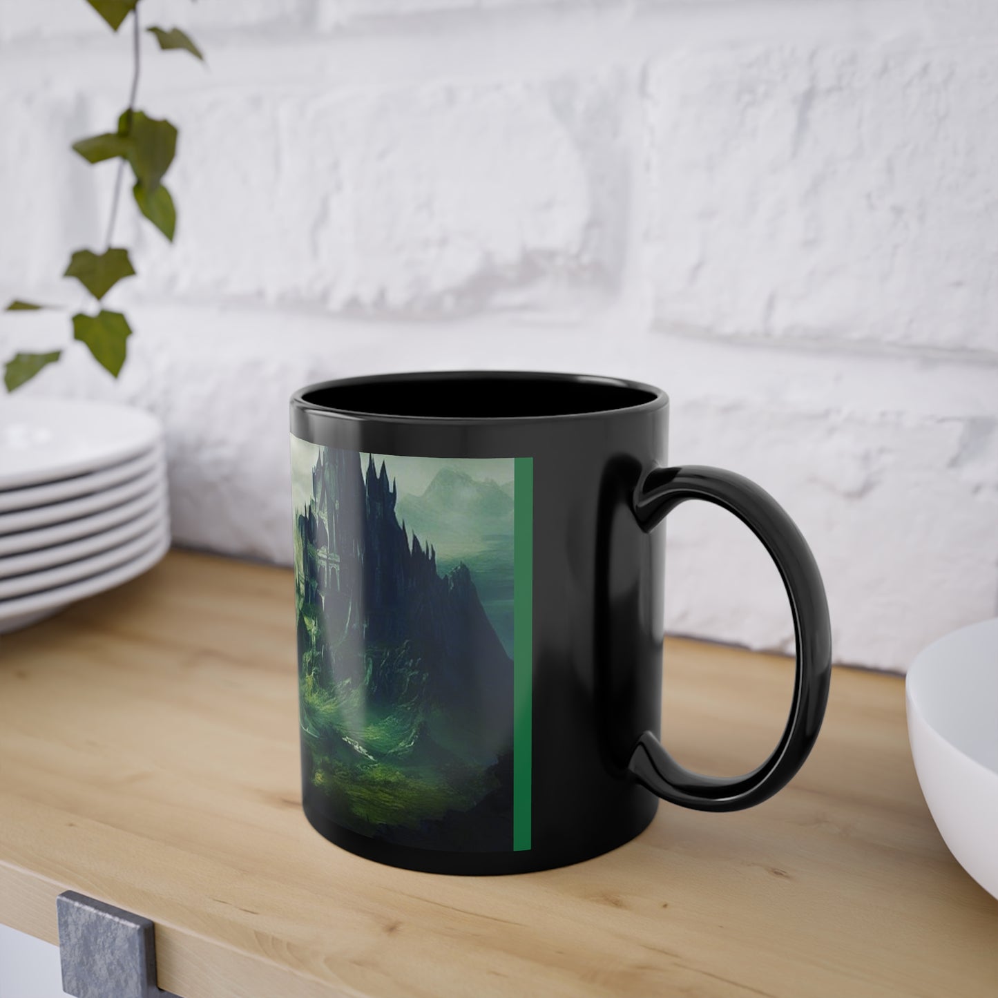 Black Coffee Cup, 11oz, pictured is The Fallen City of Odia limited edition