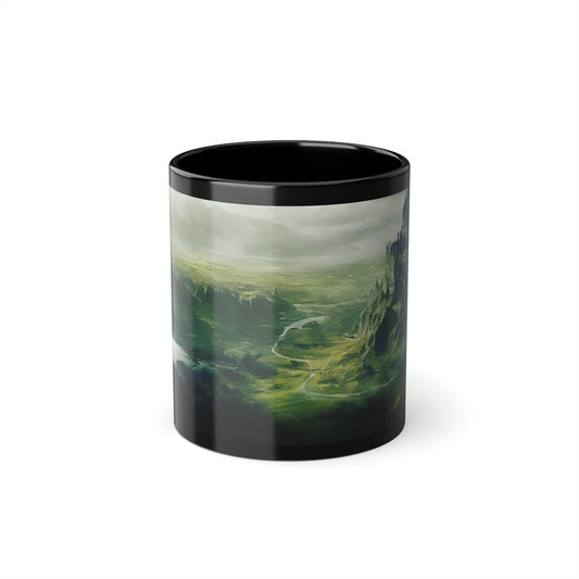 Black Coffee Cup, 11oz, pictured is The Fallen City of Odia limited edition